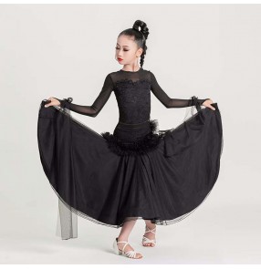 Black lace long ballroom dance dresses for girls kids Children waltz ballroom dance swing skirt ballroom tango Performing competitions gown for kids